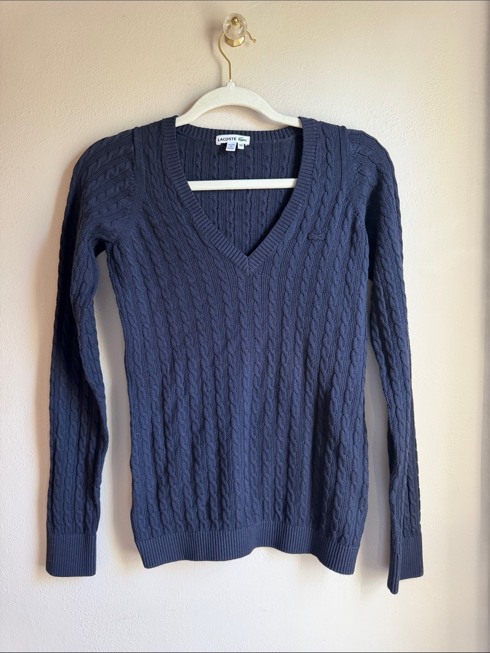 Lacoste Navy Cable Knit V-Neck Pullover Cotton Sweater